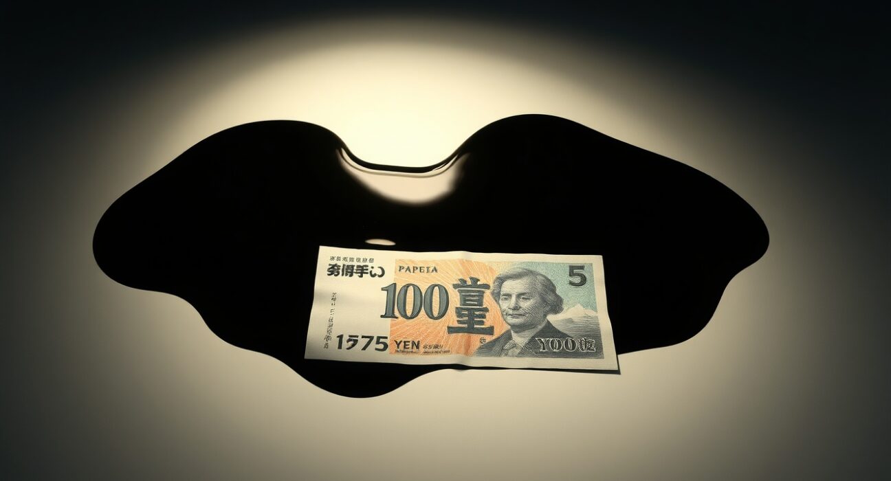 Japanese yen banknote partially submerged in oil, symbolizing energy-driven currency weakness.