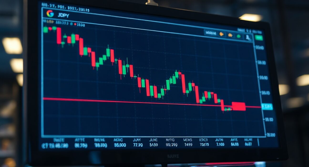 Digital trading screen showing USD/JPY forex chart with yen weakening near intervention levels