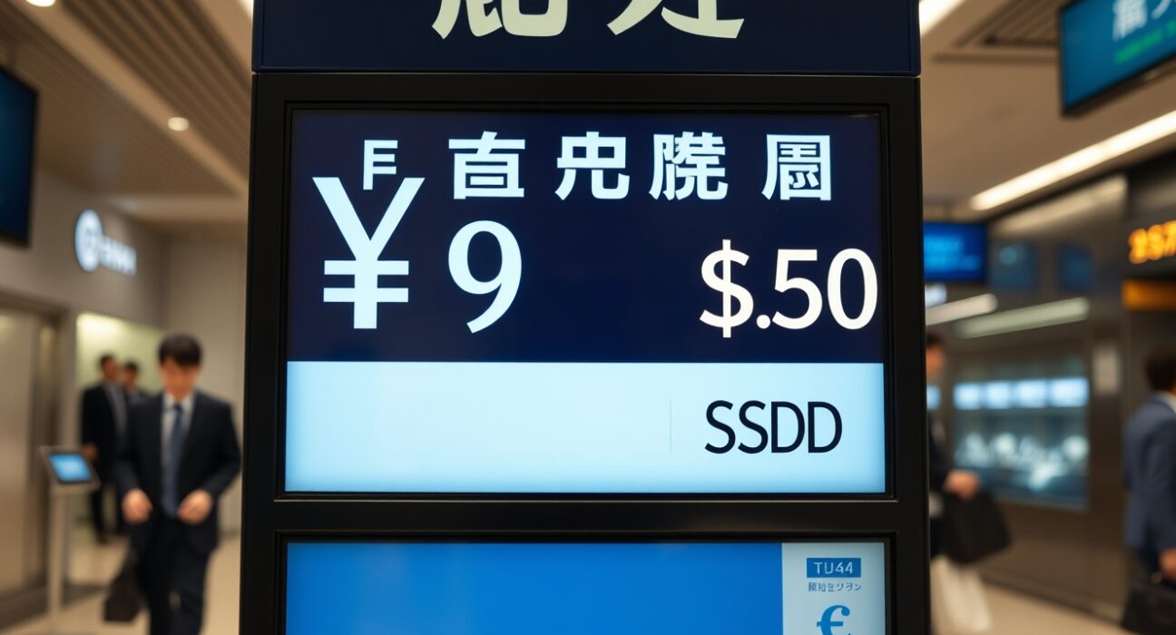 Digital currency exchange board in Tokyo showing Japanese yen weakening against the US dollar