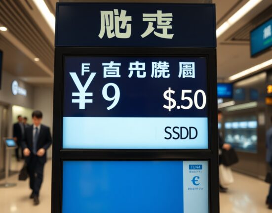 Digital currency exchange board in Tokyo showing Japanese yen weakening against the US dollar