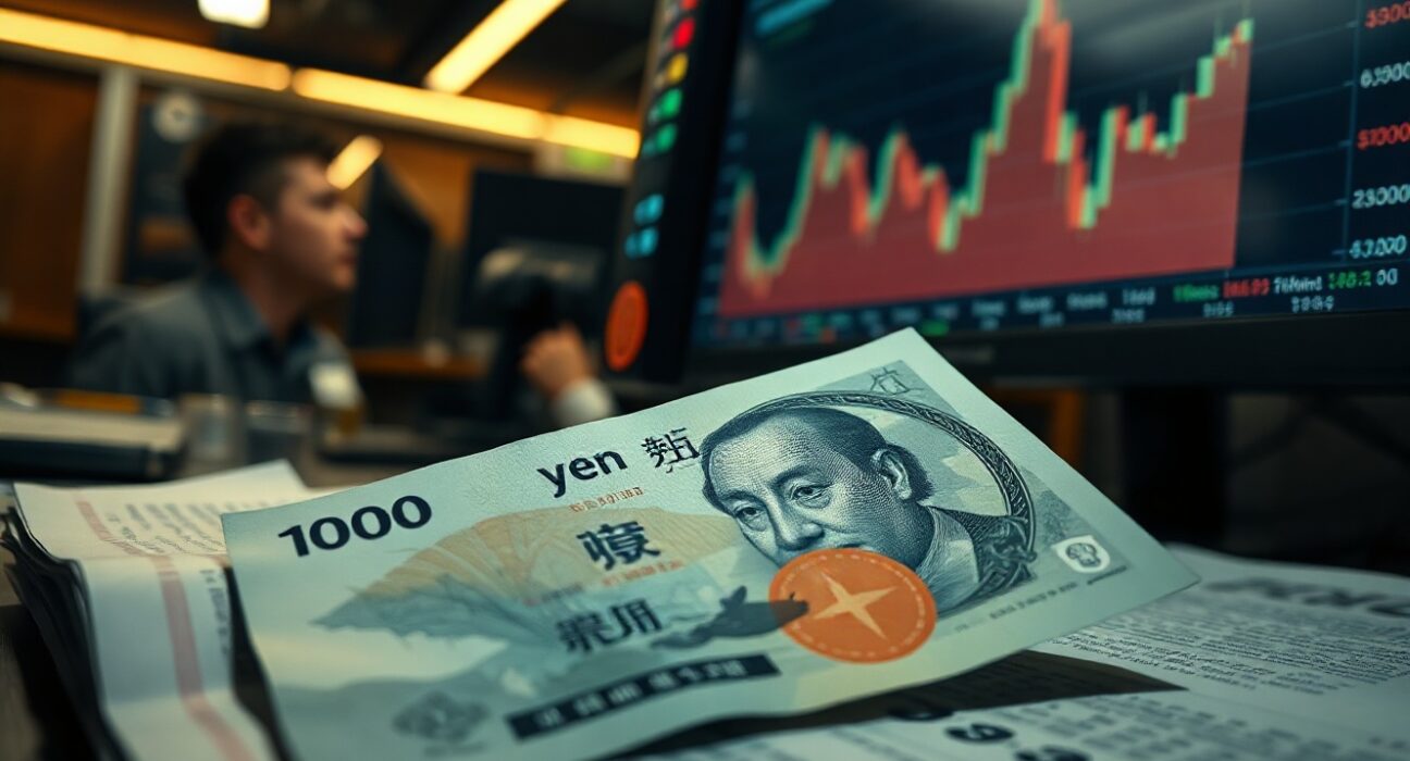 Japanese yen banknote on a trading desk with a declining forex chart on a monitor in the background.