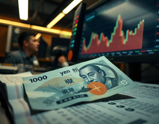 Japanese yen banknote on a trading desk with a declining forex chart on a monitor in the background.