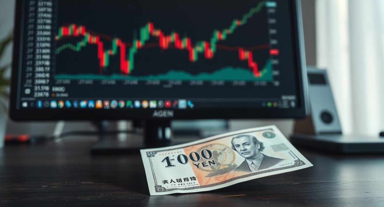 Japanese yen banknote on desk with blurred financial charts in background