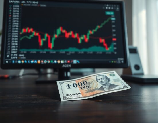 Japanese yen banknote on desk with blurred financial charts in background