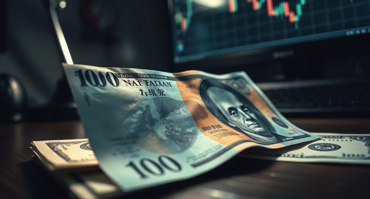 Close-up of Japanese yen and US dollar banknotes on a desk with a trading chart in the background.