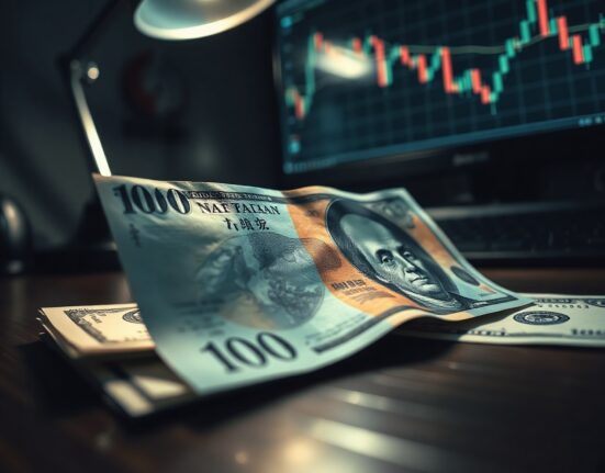 Close-up of Japanese yen and US dollar banknotes on a desk with a trading chart in the background.