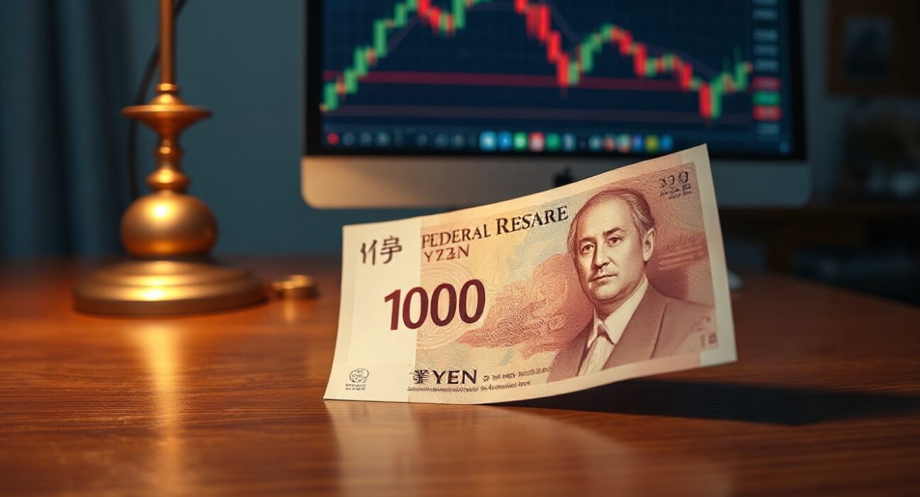 Japanese Yen banknote and Federal Reserve dot plot chart on desk