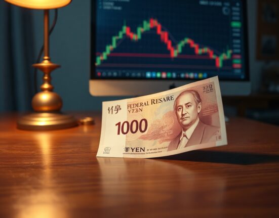 Japanese Yen banknote and Federal Reserve dot plot chart on desk
