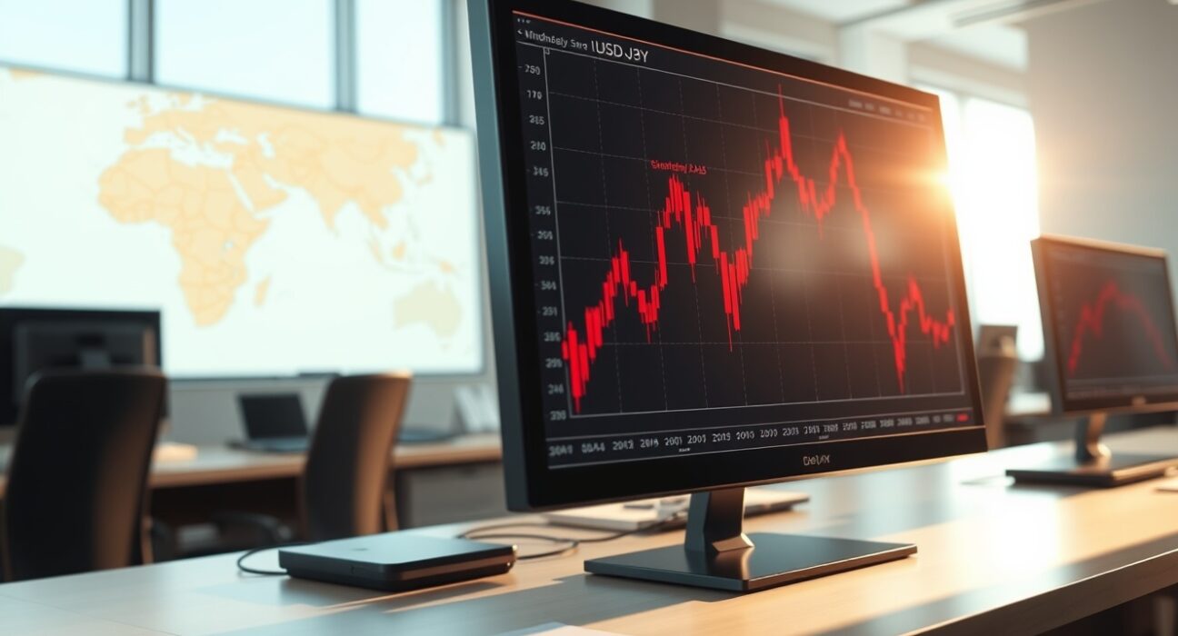 Financial trading screen shows Japanese Yen declining against US Dollar amid Middle East conflict.