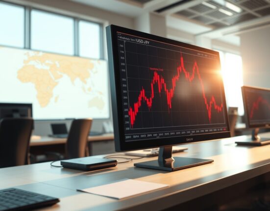 Financial trading screen shows Japanese Yen declining against US Dollar amid Middle East conflict.