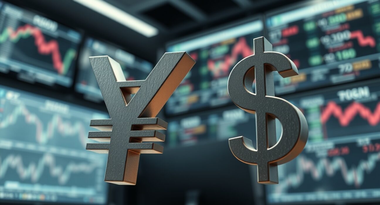 Japanese Yen symbol declines next to a strong US Dollar symbol representing forex market shift after failed US-Iran talks.