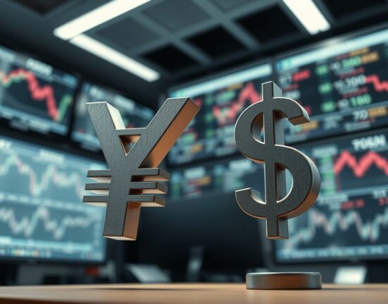 Japanese Yen symbol declines next to a strong US Dollar symbol representing forex market shift after failed US-Iran talks.