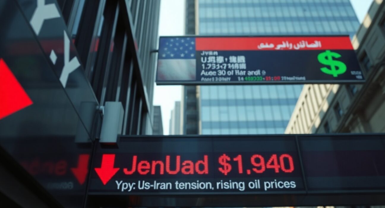 Currency exchange board showing Japanese yen falling and US dollar rising amid geopolitical tensions.