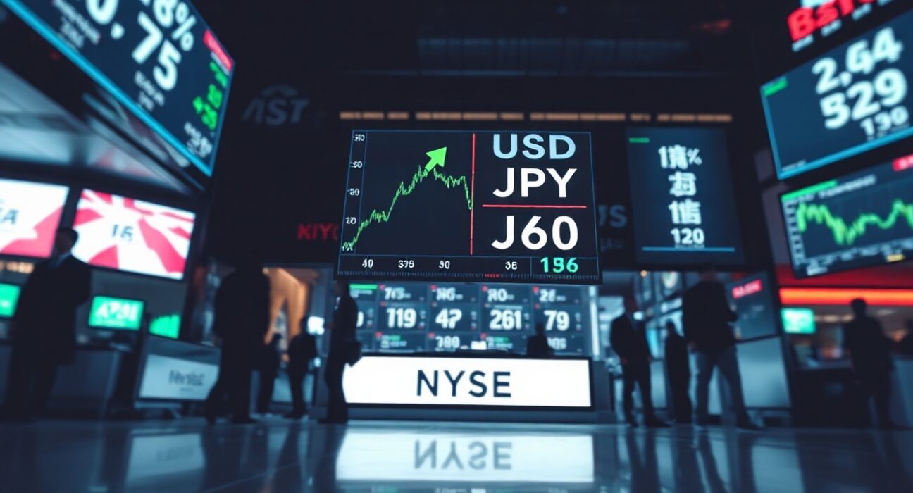 Digital trading board showing USD/JPY exchange rate with yen falling against the dollar
