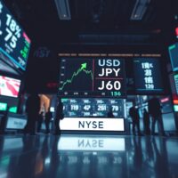 Digital trading board showing USD/JPY exchange rate with yen falling against the dollar