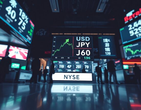 Digital trading board showing USD/JPY exchange rate with yen falling against the dollar