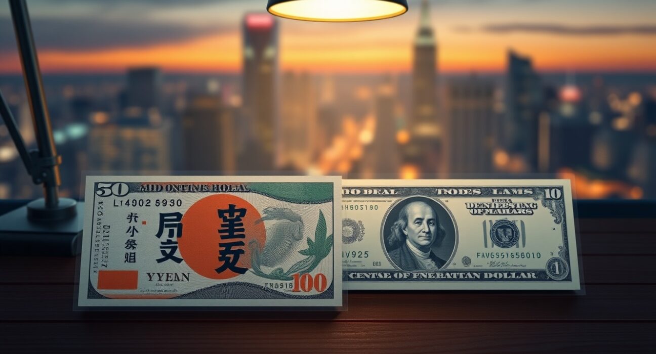 Japanese Yen and US Dollar banknotes on a desk, representing cautious trading ahead of the Federal Reserve monetary policy decision.
