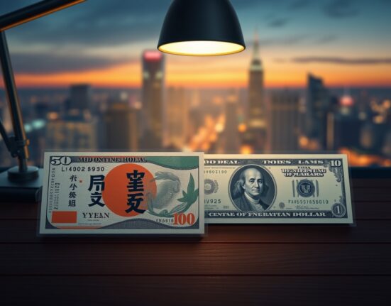 Japanese Yen and US Dollar banknotes on a desk, representing cautious trading ahead of the Federal Reserve monetary policy decision.