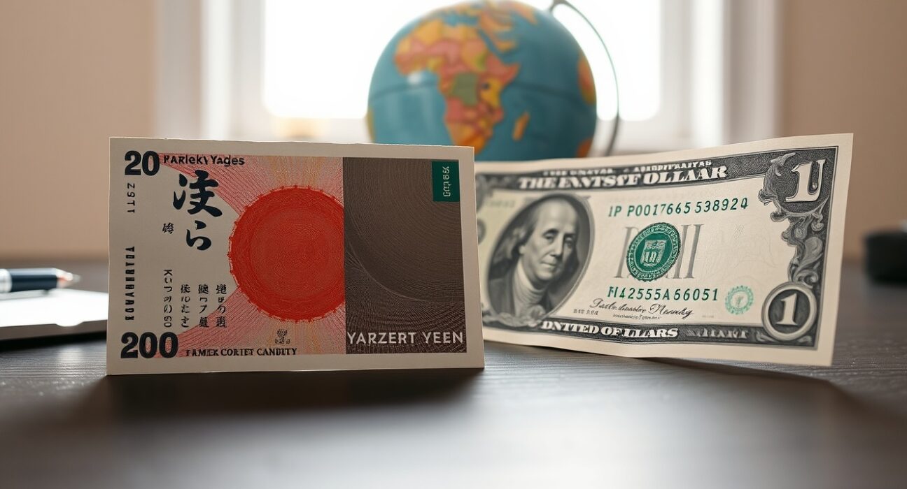 Japanese yen and US dollar banknotes on a desk with a globe, representing currency market analysis.
