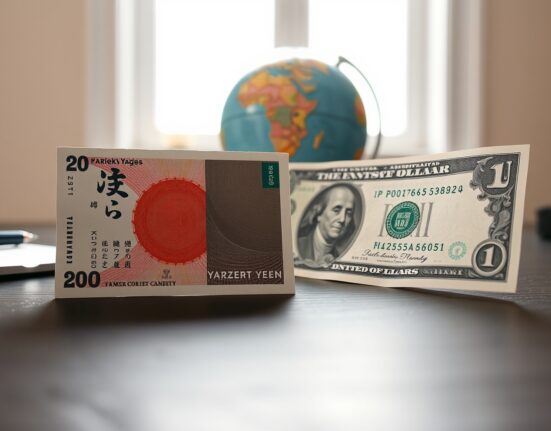Japanese yen and US dollar banknotes on a desk with a globe, representing currency market analysis.