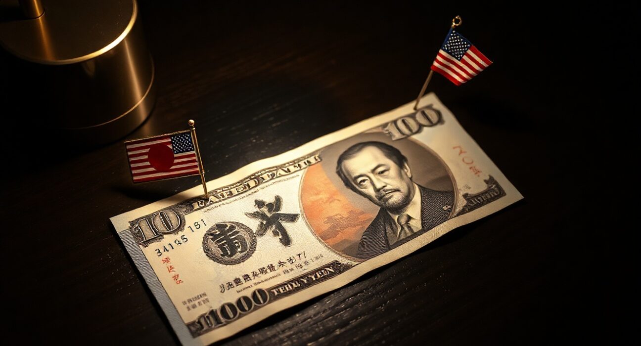 Japanese Yen banknote on desk with American flag pin representing Fed policy impact