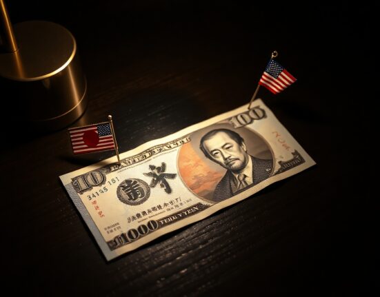 Japanese Yen banknote on desk with American flag pin representing Fed policy impact