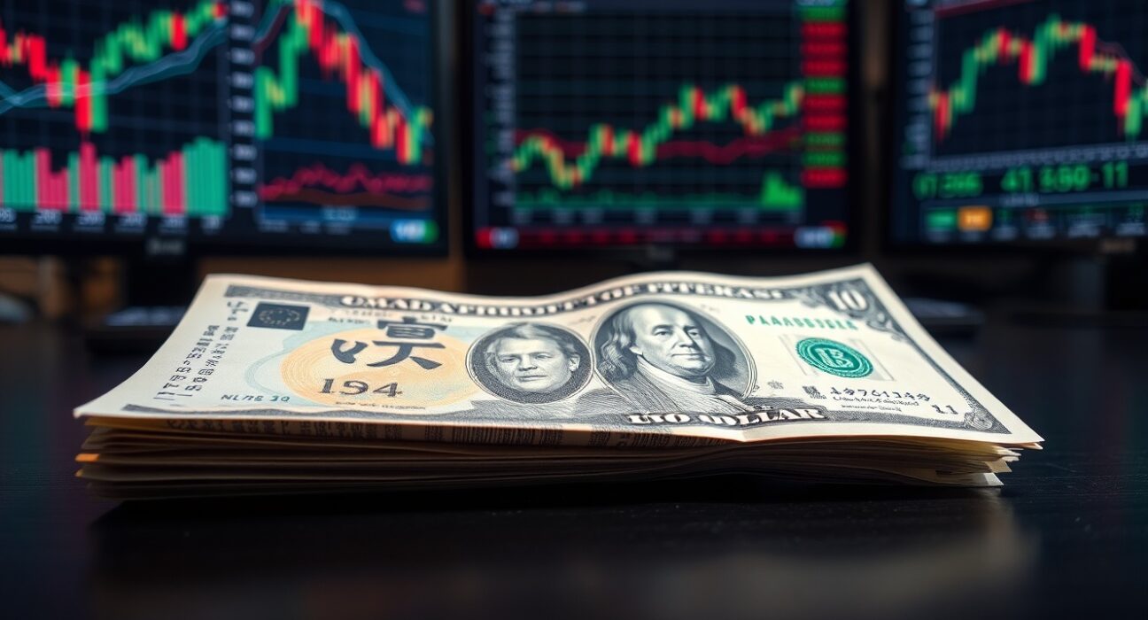 Japanese Yen and US Dollar banknotes on a desk with blurred financial charts in the background.