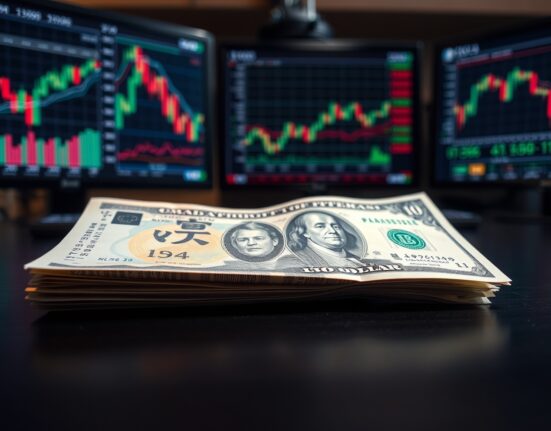 Japanese Yen and US Dollar banknotes on a desk with blurred financial charts in the background.