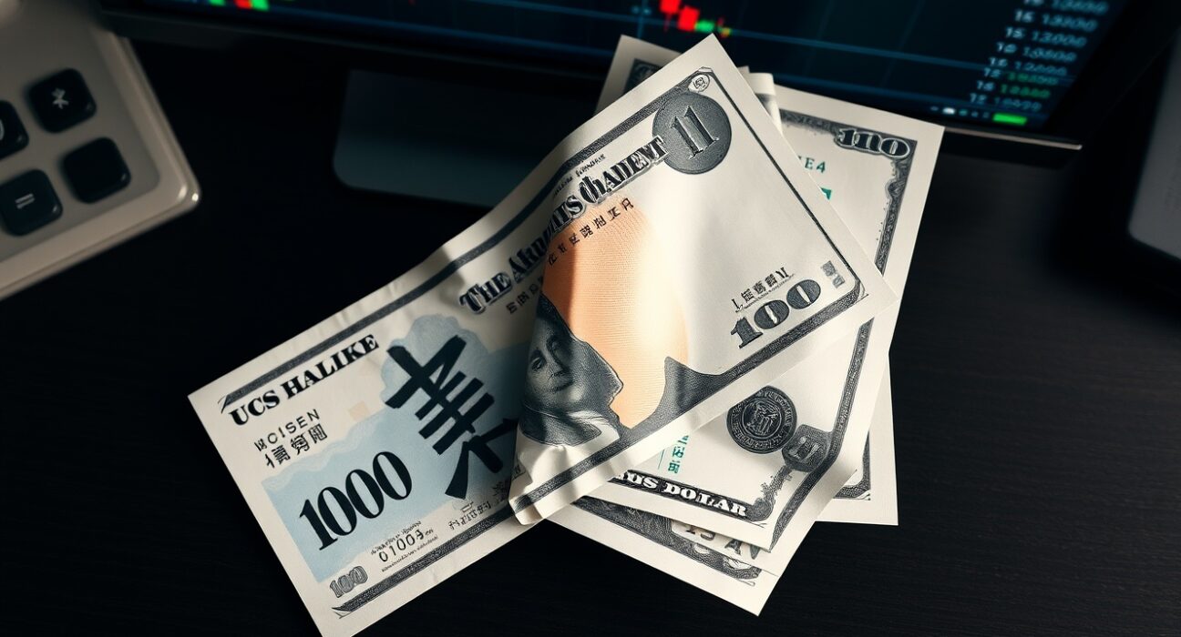 Japanese Yen and US Dollar banknotes on a desk with a blurred trading chart in the background, representing forex market analysis.