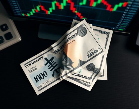 Japanese Yen and US Dollar banknotes on a desk with a blurred trading chart in the background, representing forex market analysis.