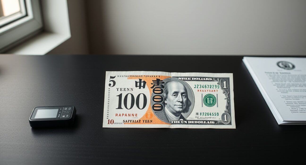 Japanese yen and US dollar banknotes on a desk representing forex market analysis.