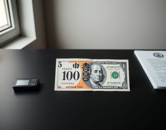 Japanese yen and US dollar banknotes on a desk representing forex market analysis.
