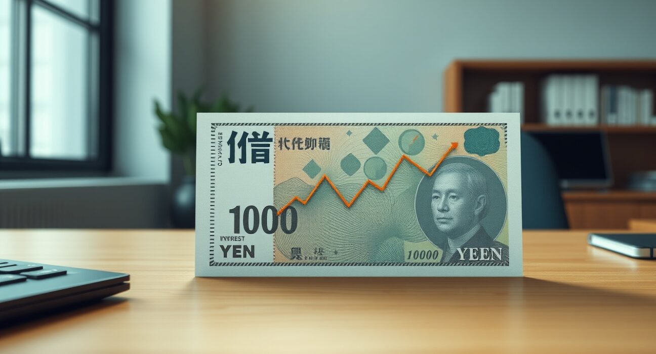 Japanese yen banknote and interest rate graph on desk