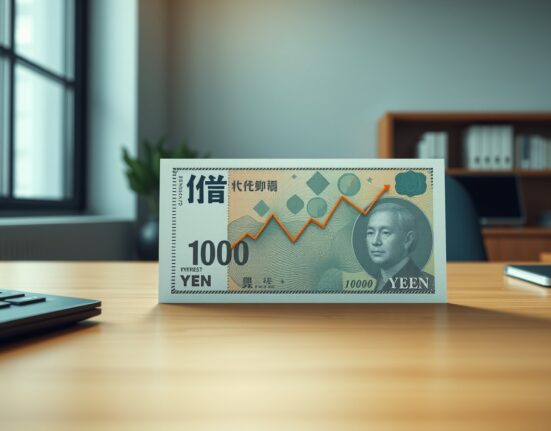 Japanese yen banknote and interest rate graph on desk