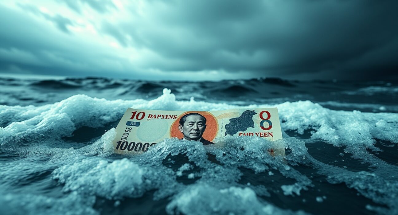 Japanese yen banknote submerged in stormy ocean waves representing fiscal and energy pressures