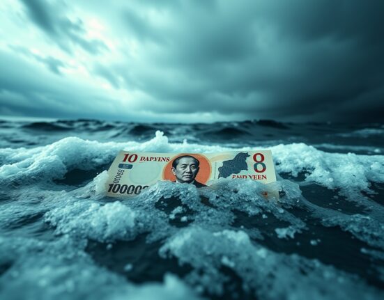 Japanese yen banknote submerged in stormy ocean waves representing fiscal and energy pressures