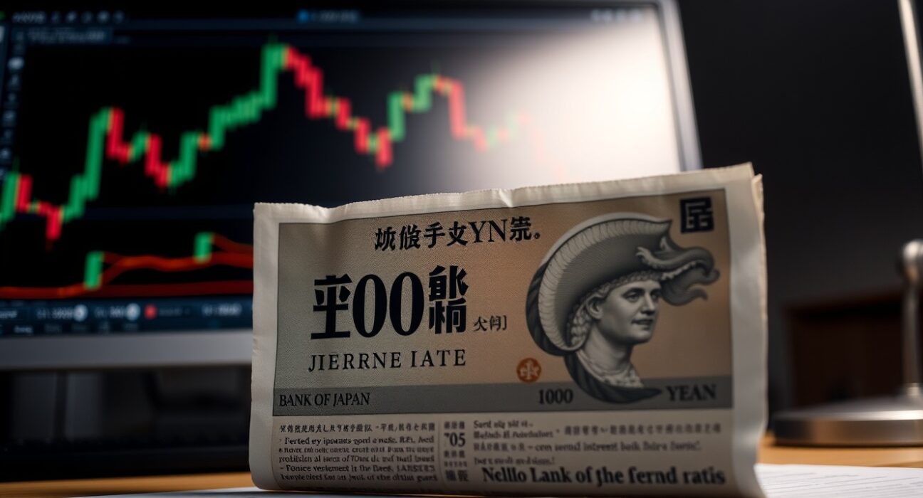 Japanese yen banknote and financial newspaper on a newsroom desk, representing fiscal unease and BoJ policy uncertainty.