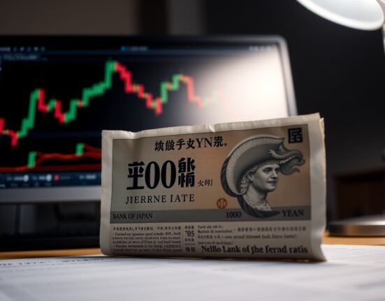 Japanese yen banknote and financial newspaper on a newsroom desk, representing fiscal unease and BoJ policy uncertainty.