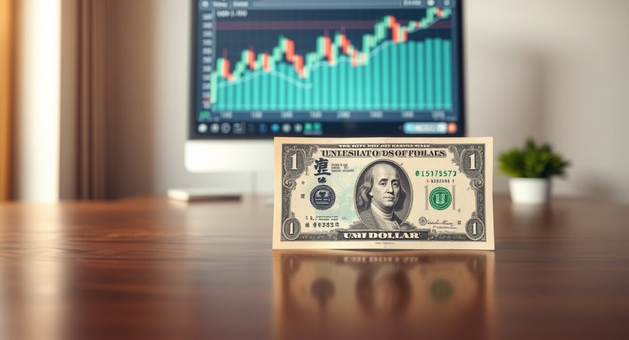 Japanese Yen and US Dollar banknotes on a desk with a blurred USD/JPY chart in the background, representing currency market analysis ahead of the Fed policy update.