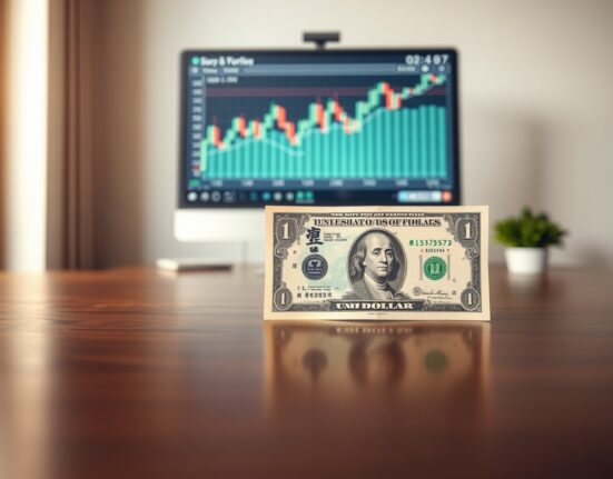 Japanese Yen and US Dollar banknotes on a desk with a blurred USD/JPY chart in the background, representing currency market analysis ahead of the Fed policy update.