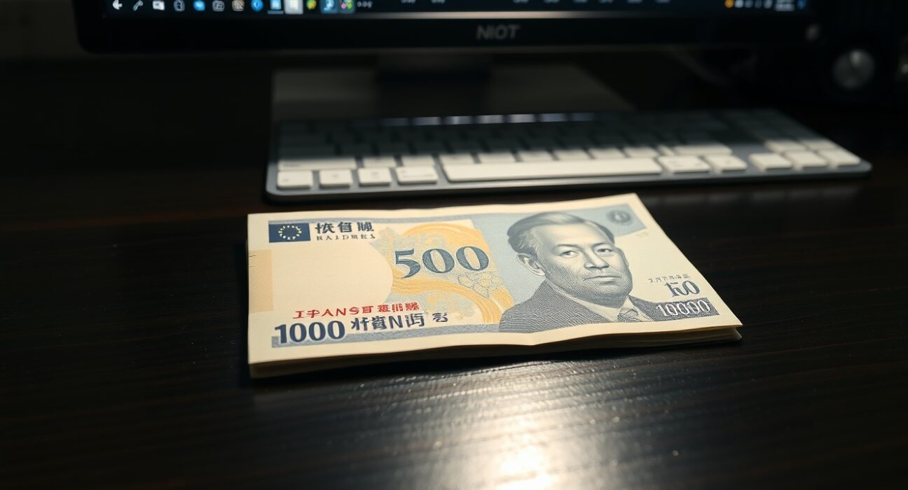 Japanese yen banknote on desk with forex chart and NFP indicator in background