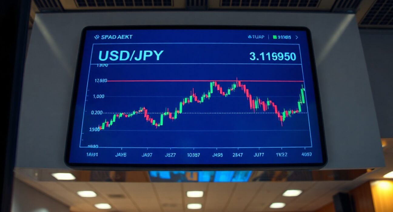 USD/JPY chart showing flat movement near 159.50 on a trading screen