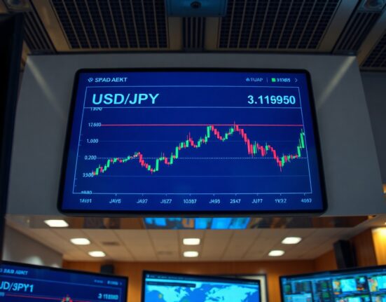 USD/JPY chart showing flat movement near 159.50 on a trading screen