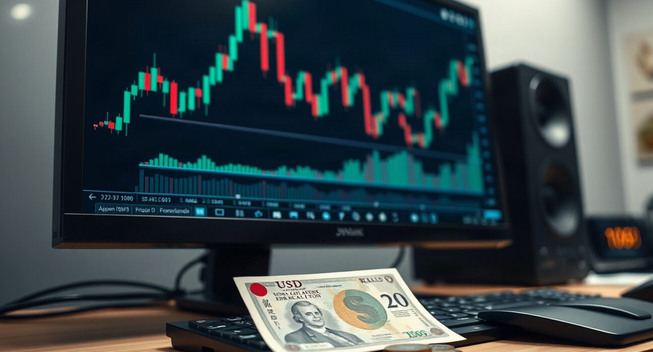 Japanese Yen banknotes and coins on a trading desk with a USD/JPY chart on a monitor