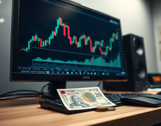 Japanese Yen banknotes and coins on a trading desk with a USD/JPY chart on a monitor