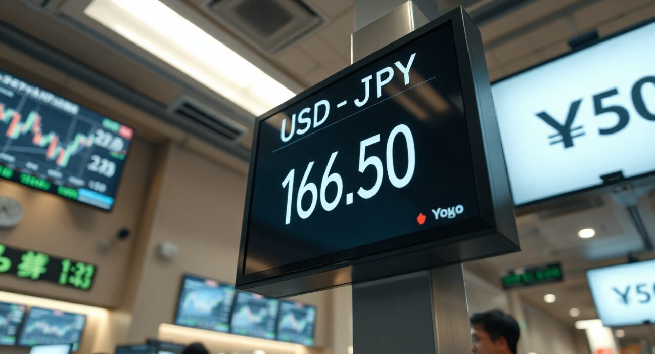 USD/JPY exchange rate board showing 161.50 in a Tokyo financial district trading floor