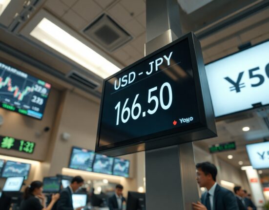 USD/JPY exchange rate board showing 161.50 in a Tokyo financial district trading floor