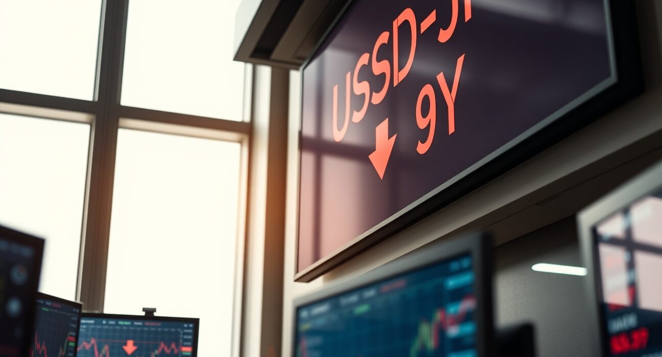 USD/JPY exchange rate display on a trading board in a Tokyo financial office with a red yen arrow.