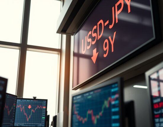 USD/JPY exchange rate display on a trading board in a Tokyo financial office with a red yen arrow.