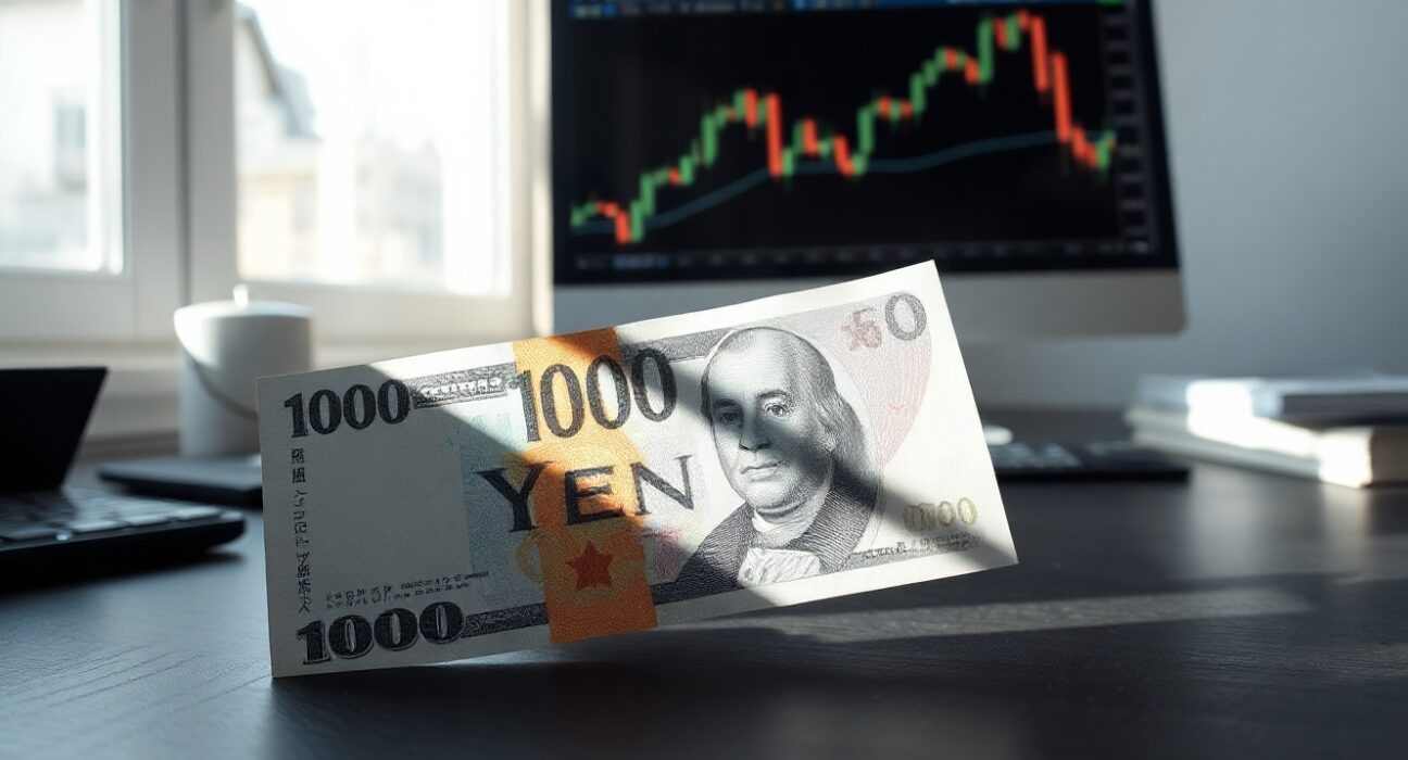 Japanese yen and US dollar banknotes on a desk with a blurry forex chart in the background
